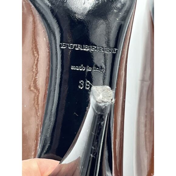 Burberry Brown Patent Leather Ruffle Detail Embellishment Cone Heels Sz 8-8.5/39 - Picture 10 of 15